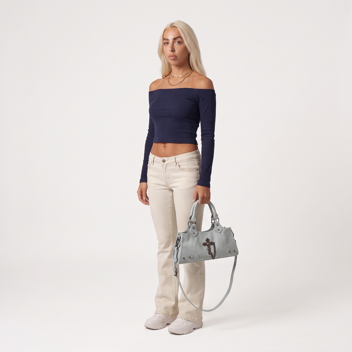 Women's Vegan Leather Biker Shoulder Bag, worn by a model