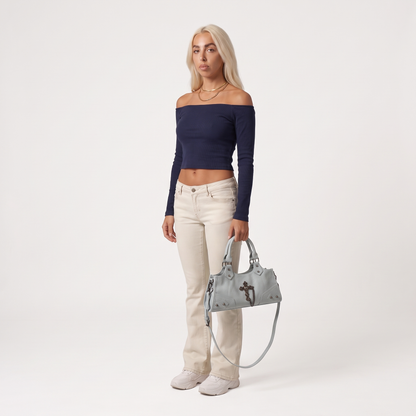 Women's Vegan Leather Biker Shoulder Bag, worn by a model