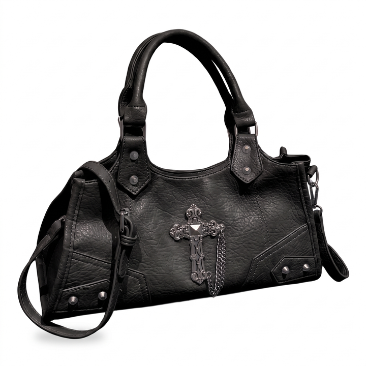 Women's Vegan Leather Biker Shoulder Bag, Powder Blue Studded Cross Charm Bag — Black