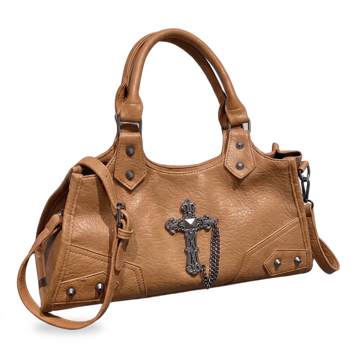 Women's Vegan Leather Biker Shoulder Bag, Powder Blue Studded Cross Charm Bag — Caramel Brown