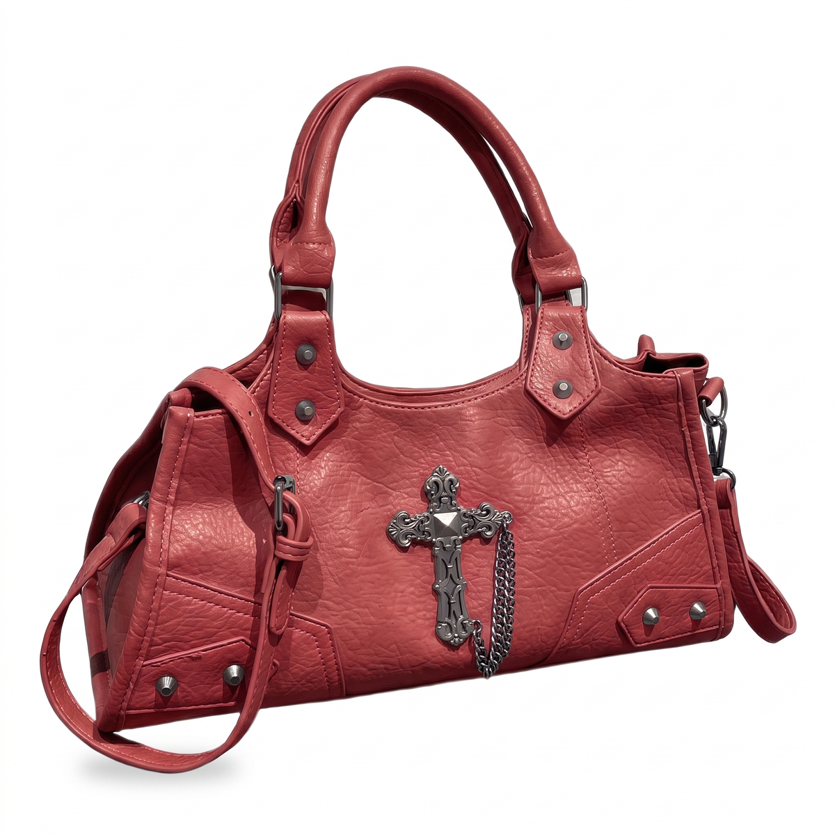 Women's Vegan Leather Biker Shoulder Bag in Red