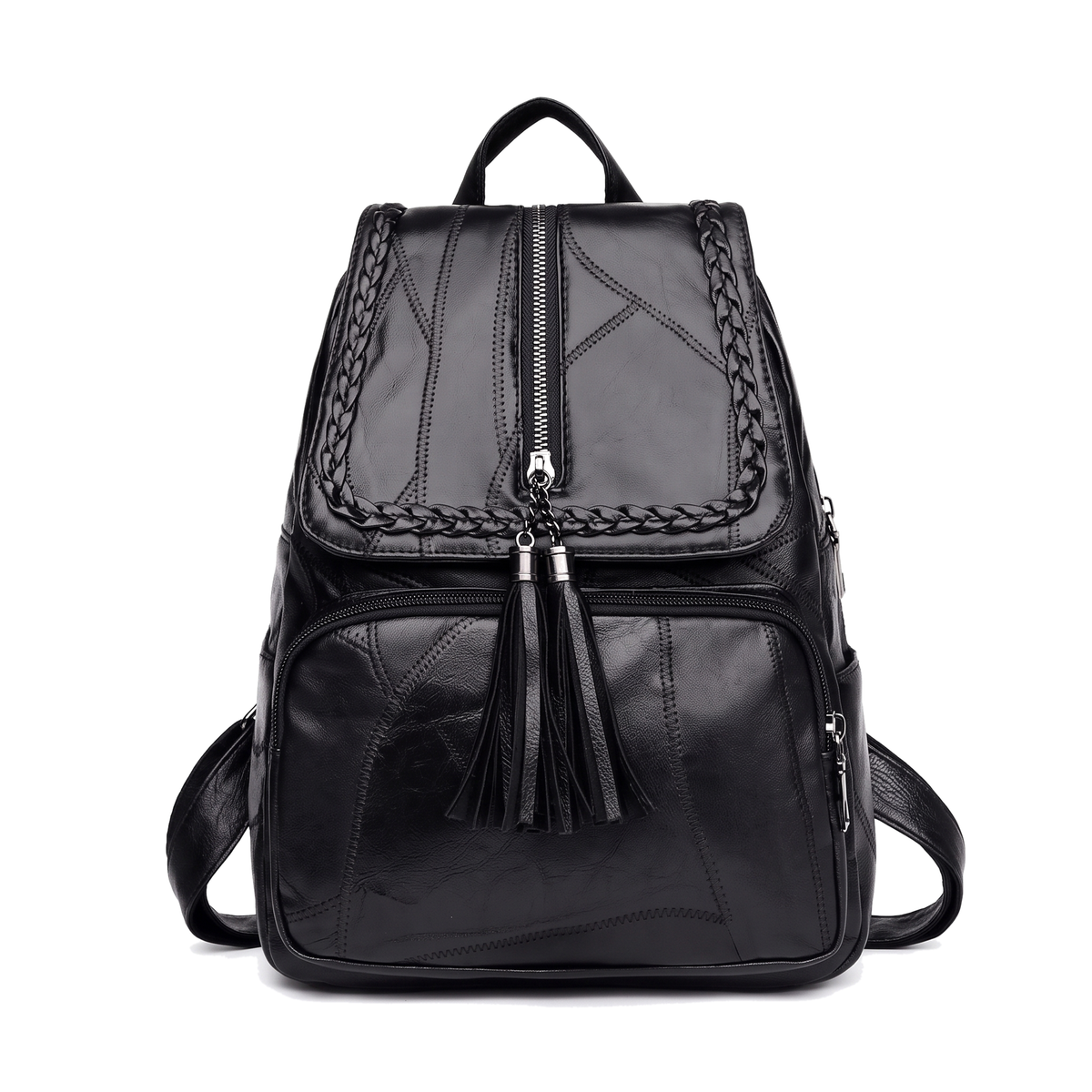 Women's Faux Leather Braided Flap Backpack, front view
