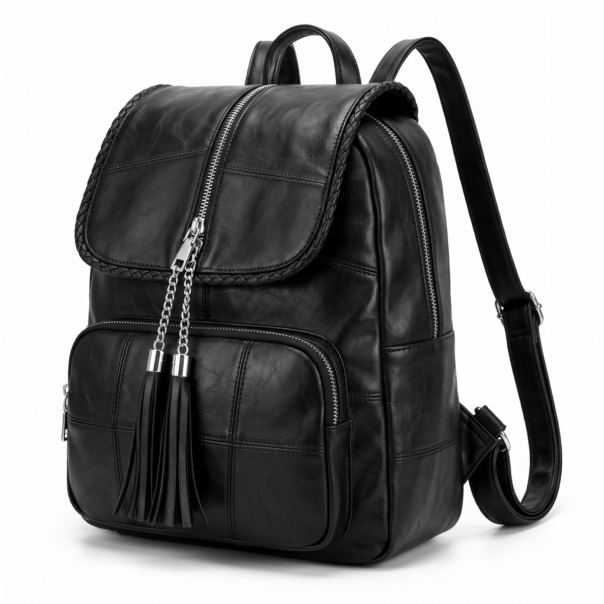 Women's Faux Leather Braided Flap Backpack, three-quarter view