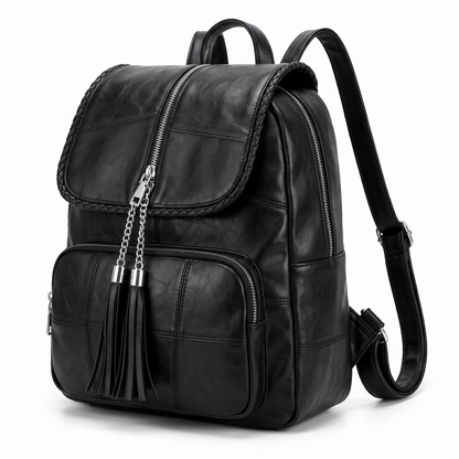 Women's Faux Leather Braided Flap Backpack, three-quarter view