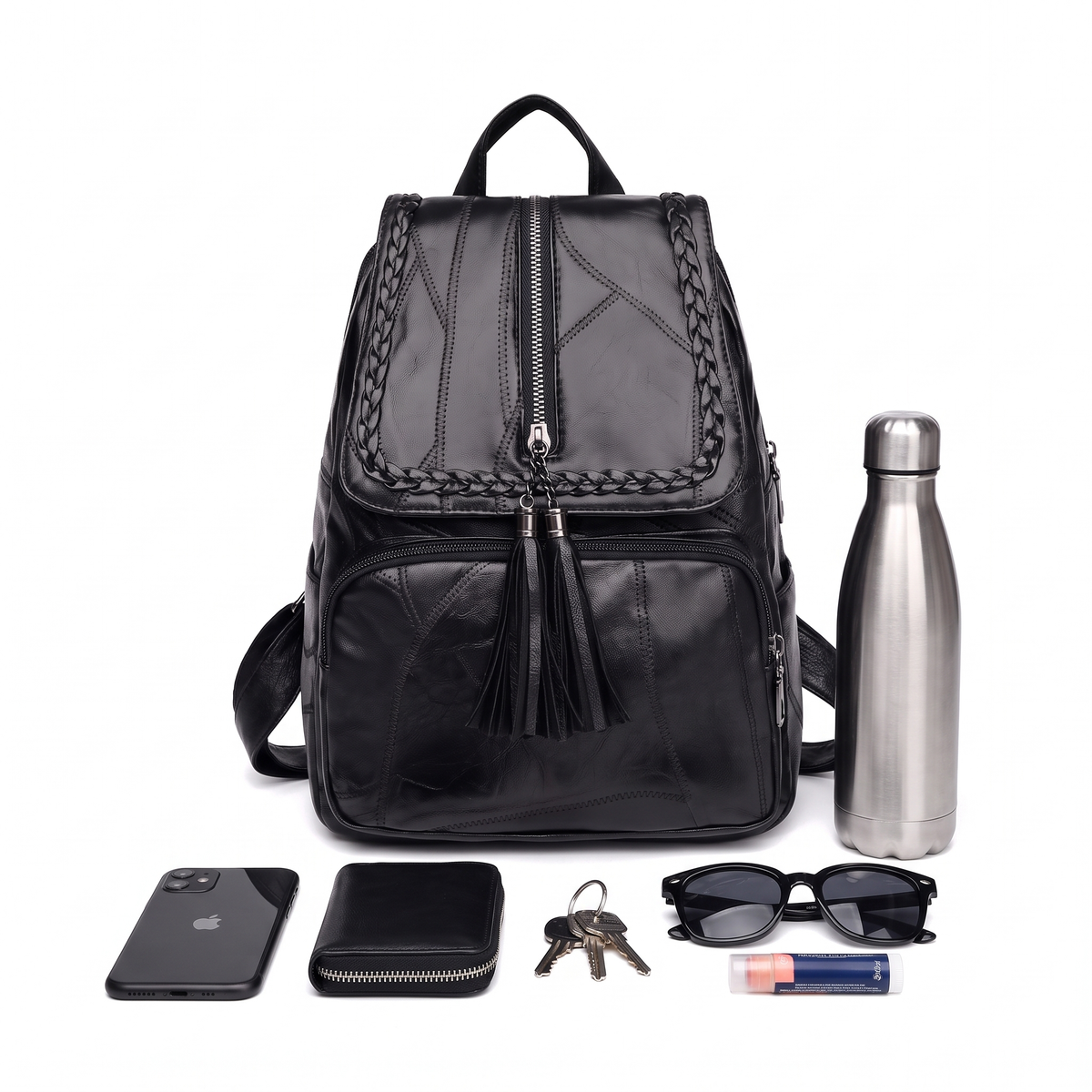 Women's Faux Leather Braided Flap Backpack, what fits inside