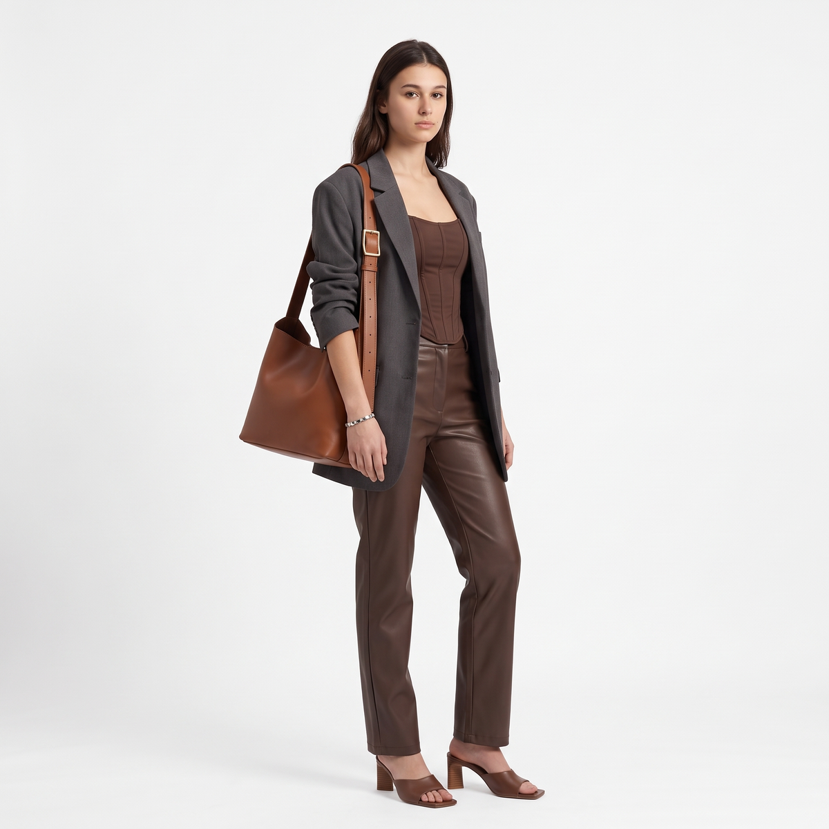 Women's Faux Leather Bucket Shoulder Bag, worn by a model