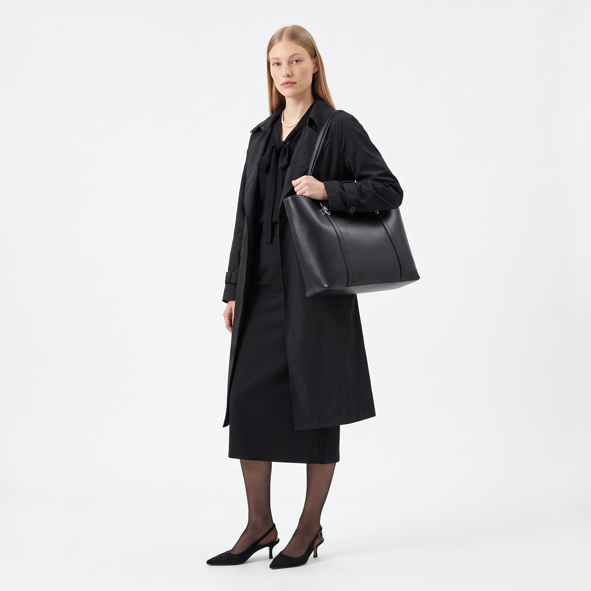 Women's Faux Leather Clasp Tote Bag, worn by a model