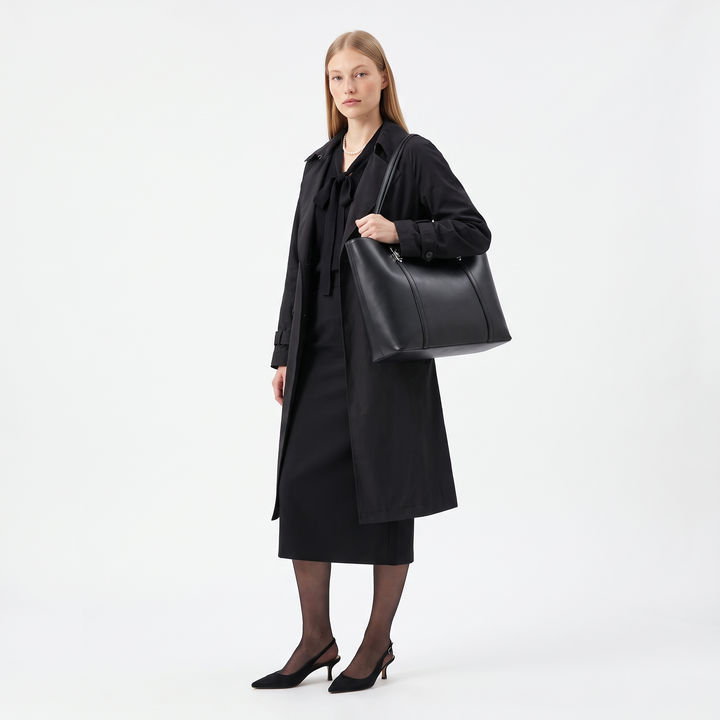 Women's Faux Leather Clasp Tote Bag, worn by a model