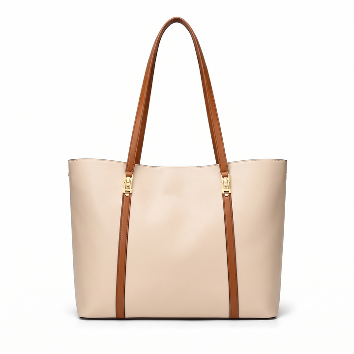 Women's Faux Leather Tote Bag, Black Structured Work Bag — Beige