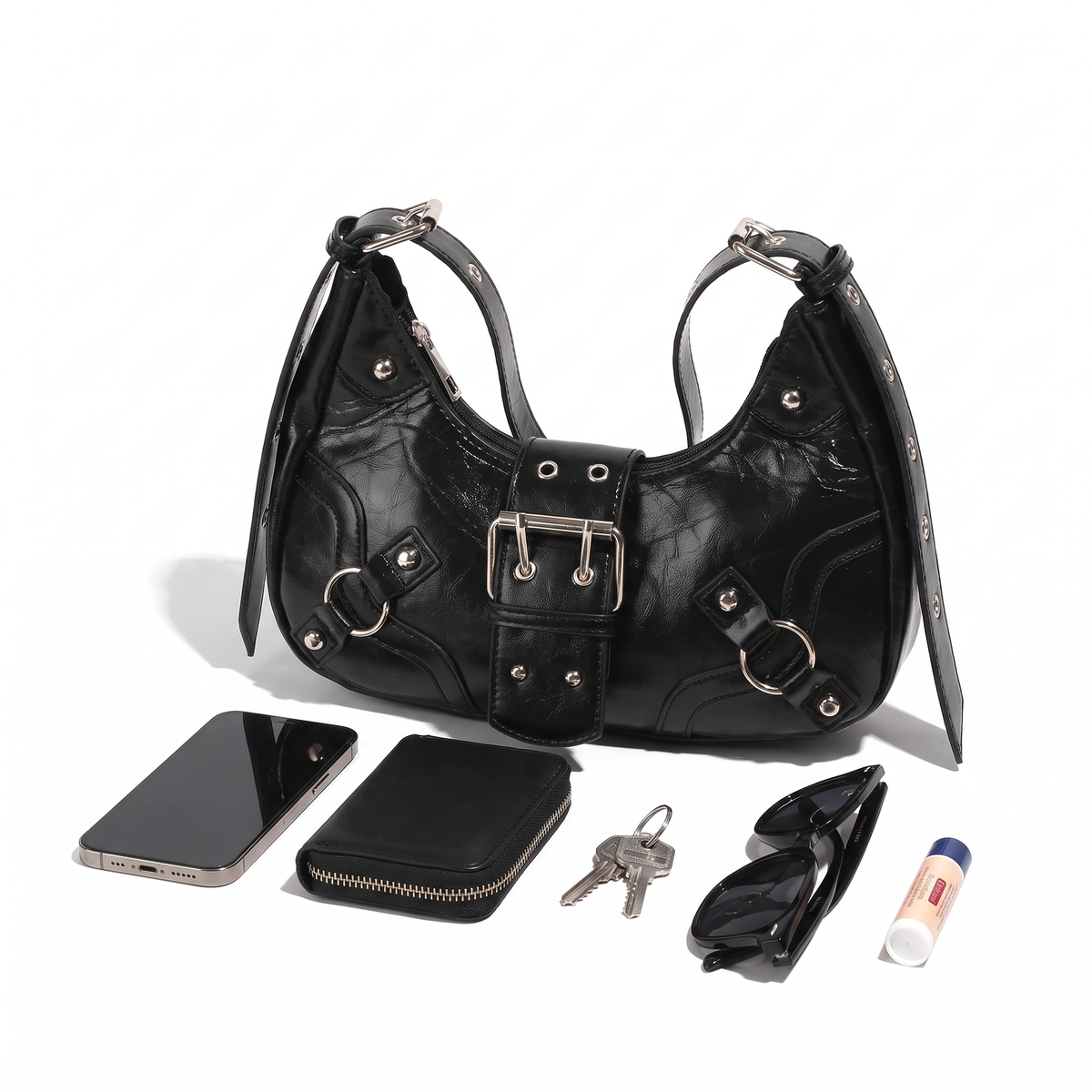Women's Vegan Leather Crescent Shoulder Bag, what fits inside