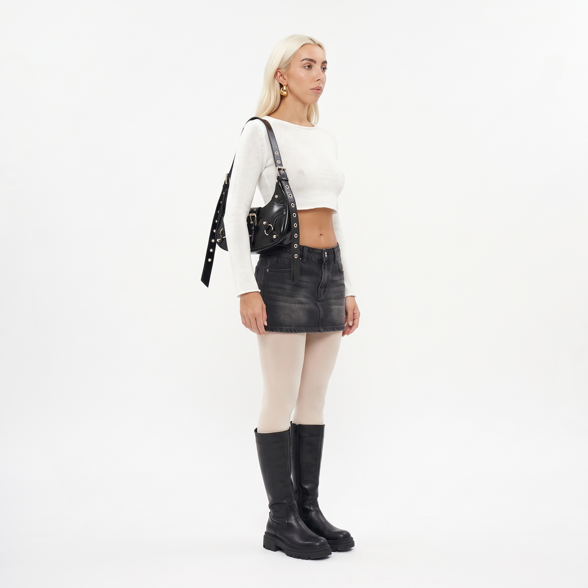 Women's Vegan Leather Crescent Shoulder Bag, worn by a model