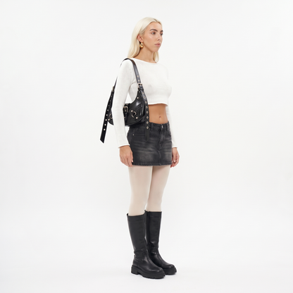 Women's Vegan Leather Crescent Shoulder Bag, worn by a model