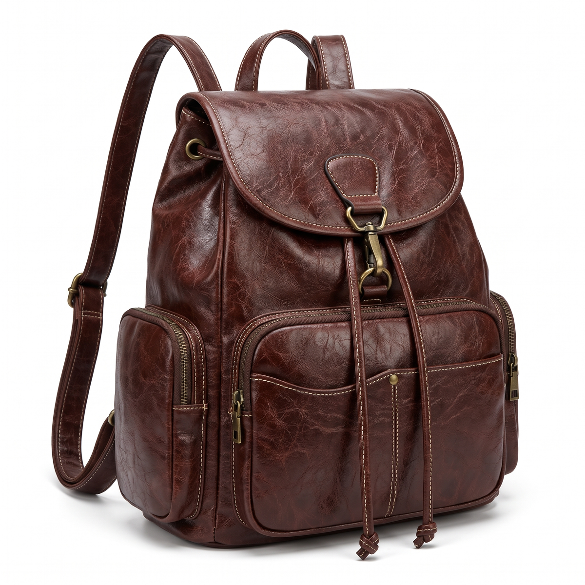 Women's Faux Leather Drawstring Backpack, three-quarter view