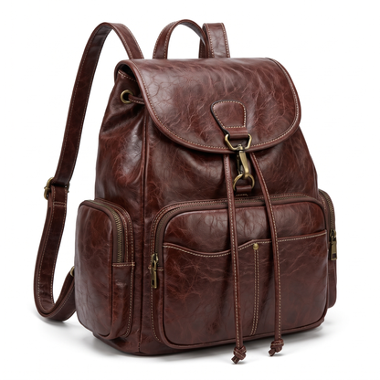 Women's Faux Leather Drawstring Backpack, three-quarter view