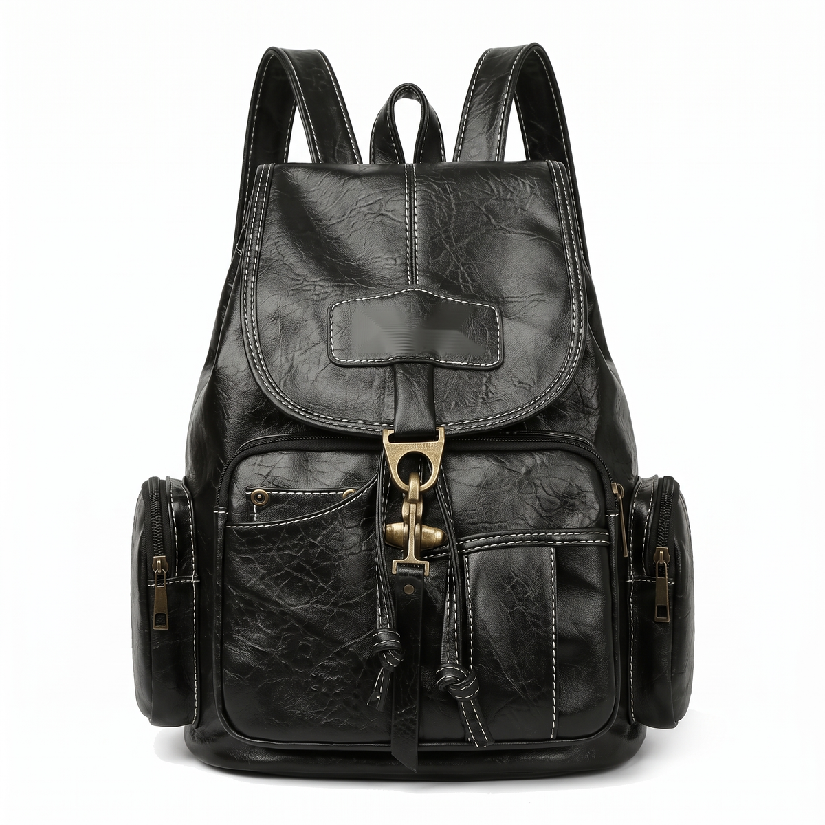 Women's Faux Leather Drawstring Backpack in Black