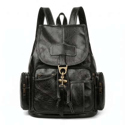 Women's Faux Leather Drawstring Backpack in Black