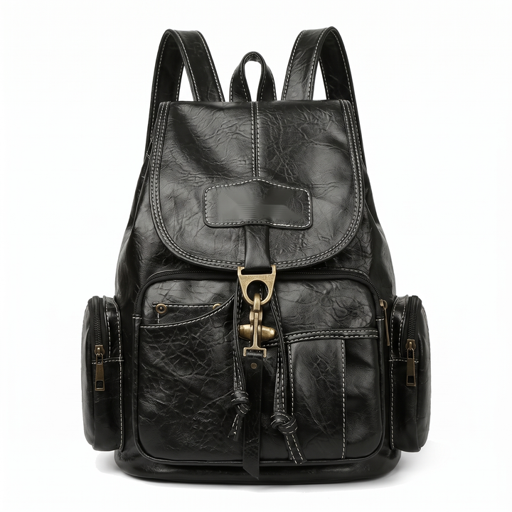 Women's Faux Leather Drawstring Backpack, Dark Brown Everyday Casual Backpack Purse — Black