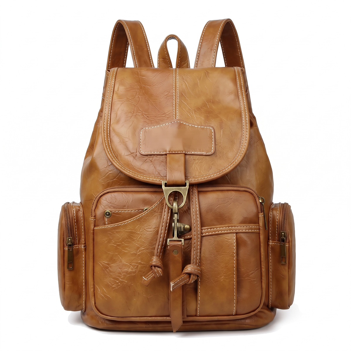 Women's Faux Leather Drawstring Backpack in Tan