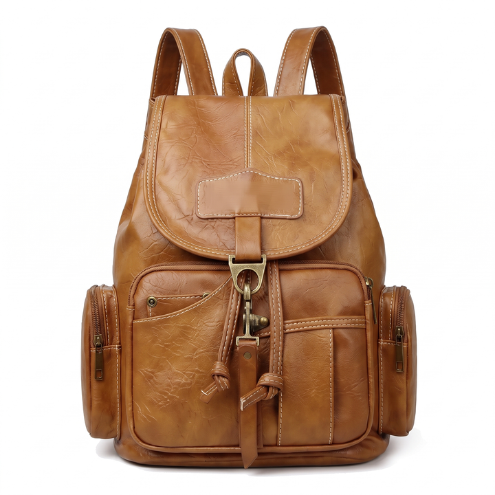 Women's Faux Leather Drawstring Backpack, Dark Brown Everyday Casual Backpack Purse — Tan