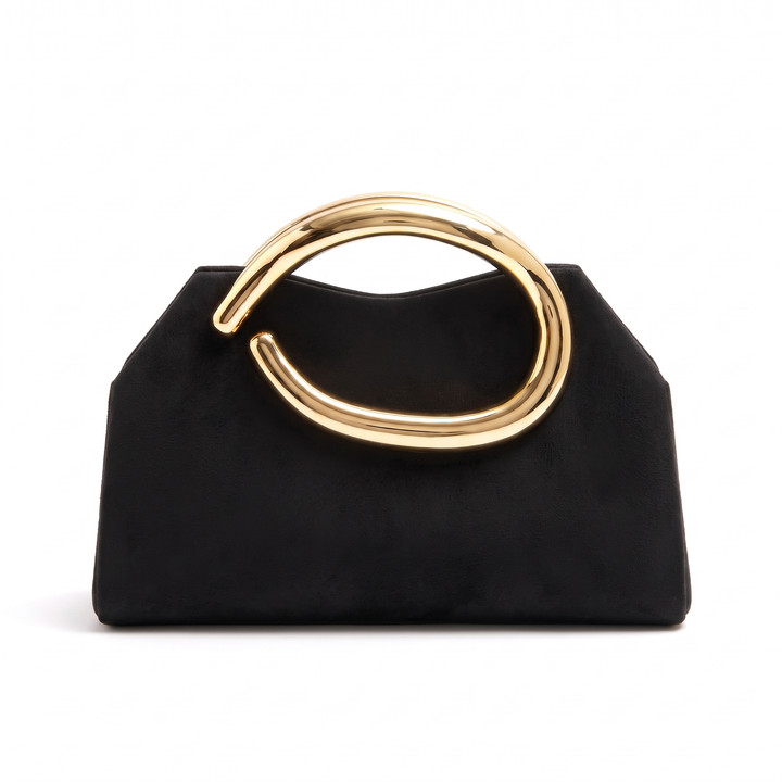 Women's Faux Leather Evening Clutch, White Gold Ring Handle Clutch Bag — Black
