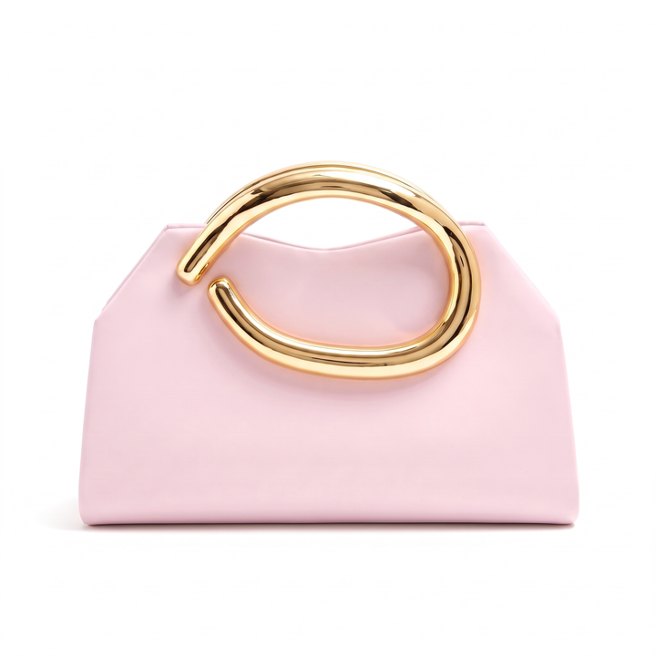 Women's Faux Leather Evening Clutch, White Gold Ring Handle Clutch Bag — Pink