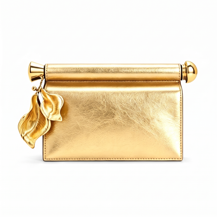 Women's Faux Leather Flap Clutch, Black Gold Petal Charm Evening Bag — Gold