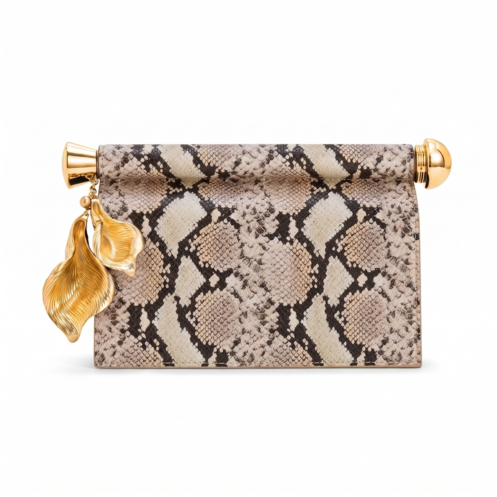 Women's Faux Leather Flap Clutch, Black Gold Petal Charm Evening Bag — Snake Print