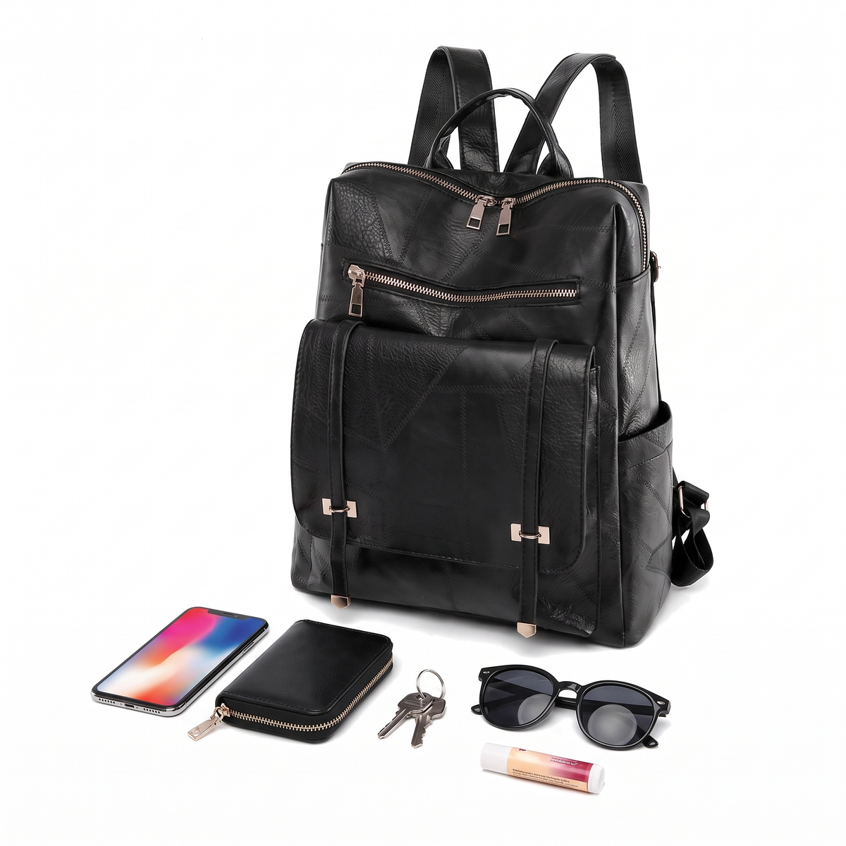 Women's Faux Leather Flap Pocket Backpack, what fits inside