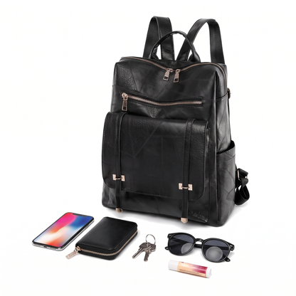 Women's Faux Leather Flap Pocket Backpack, what fits inside