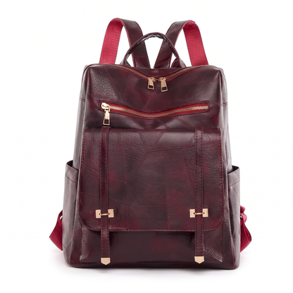 Women's Faux Leather Flap Pocket Backpack in Burgundy