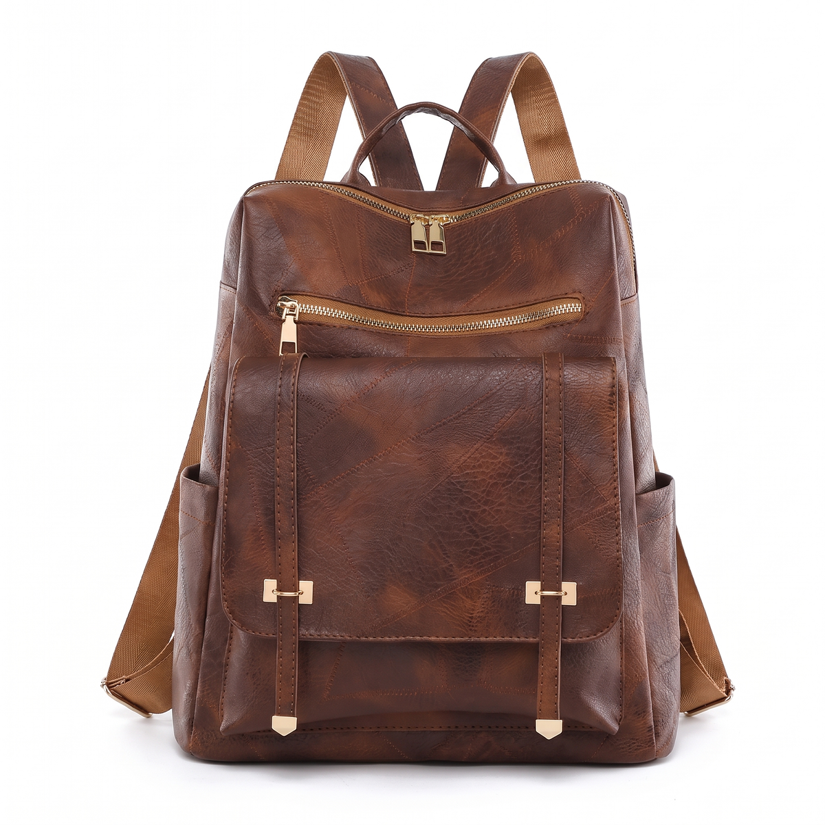 Women's Faux Leather Flap Pocket Backpack in Chestnut Brown