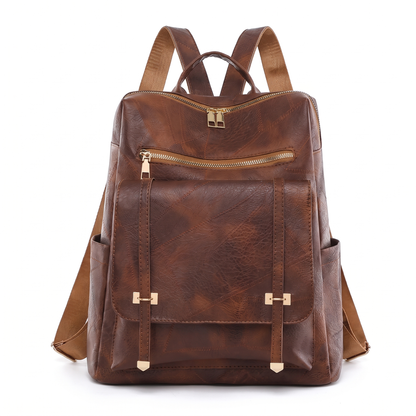 Women's Faux Leather Flap Pocket Backpack in Chestnut Brown