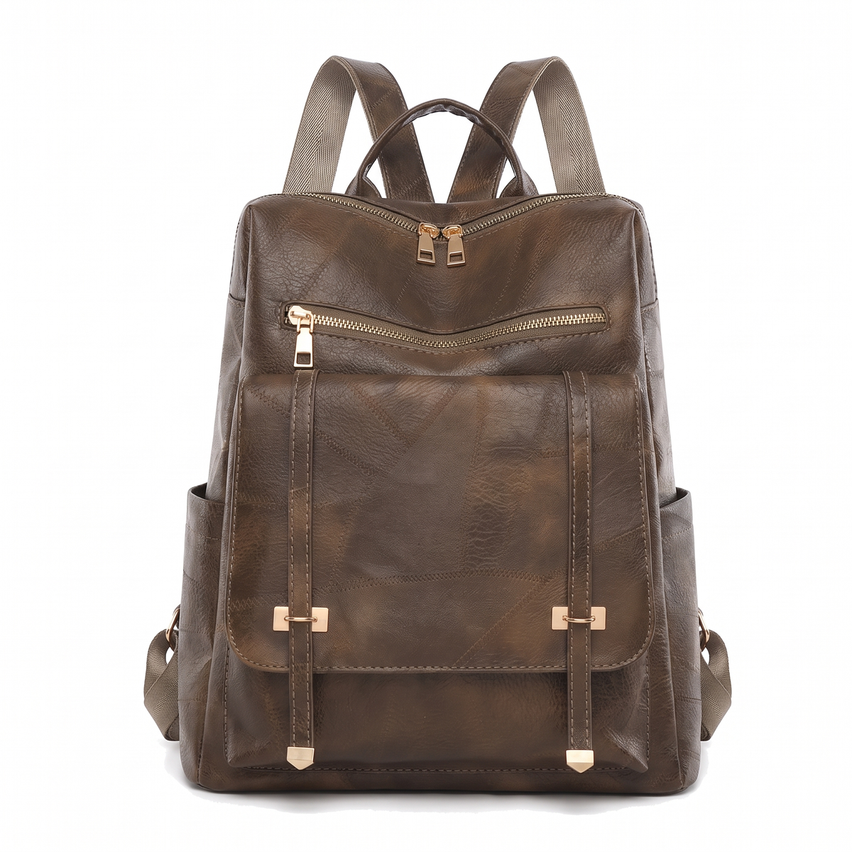 Women's Faux Leather Flap Pocket Backpack in Dark Taupe