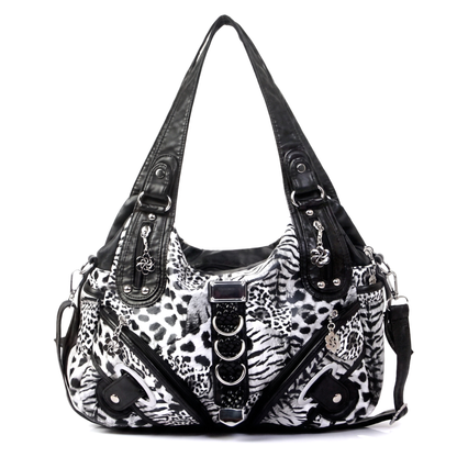 Women's Vegan Leather Hobo Bag in Black and White Leopard