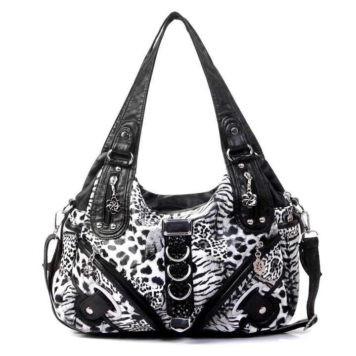 Women's Vegan Leather Hobo Bag, Beige Leopard Print Braided Strap Shoulder Bag — Black and White Leopard