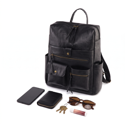 Women's Faux Leather Multi Pocket Backpack, what fits inside