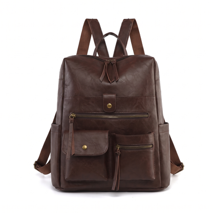Women's Faux Leather Multi Pocket Backpack in Dark Brown
