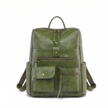 Women's Faux Leather Multi Pocket Backpack in Olive Green