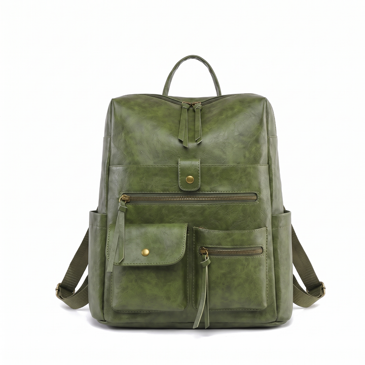 Women's Faux Leather Multi Pocket Backpack, Black Everyday Casual Backpack Purse — Olive Green