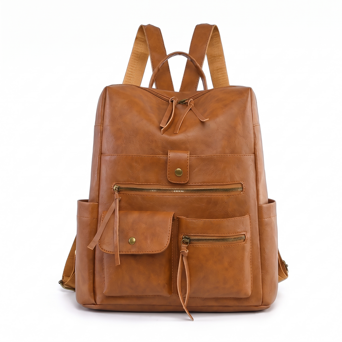 Women's Faux Leather Multi Pocket Backpack in Tan