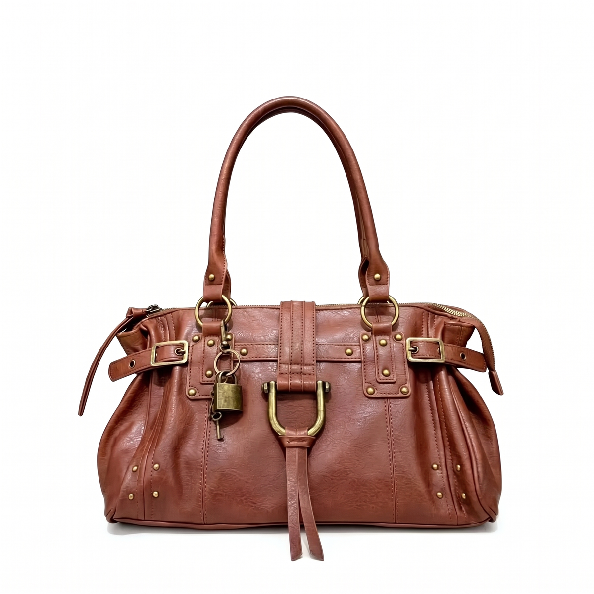 Women's Faux Leather Padlock Bowling Bag in Cognac
