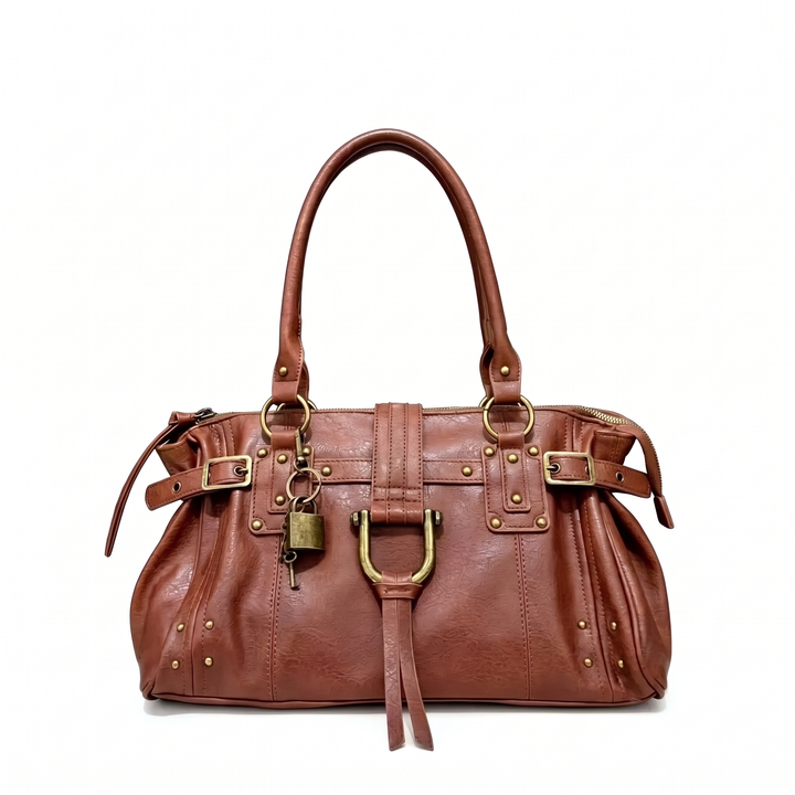 Women's Faux Leather Padlock Bowling Bag, Black Y2K Belted Handbag — Cognac
