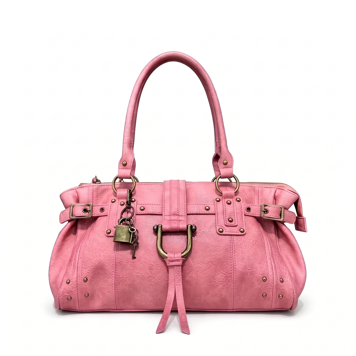 Women's Faux Leather Padlock Bowling Bag in Dusty Pink