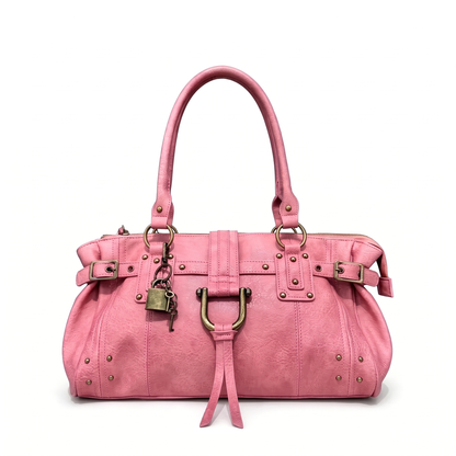 Women's Faux Leather Padlock Bowling Bag in Dusty Pink