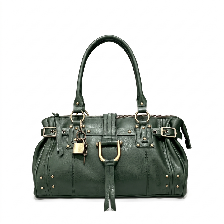 Women's Faux Leather Padlock Bowling Bag, Black Y2K Belted Handbag — Forest Green