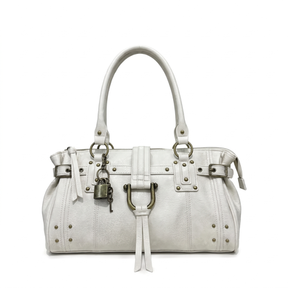 Women's Faux Leather Padlock Bowling Bag in Off-White