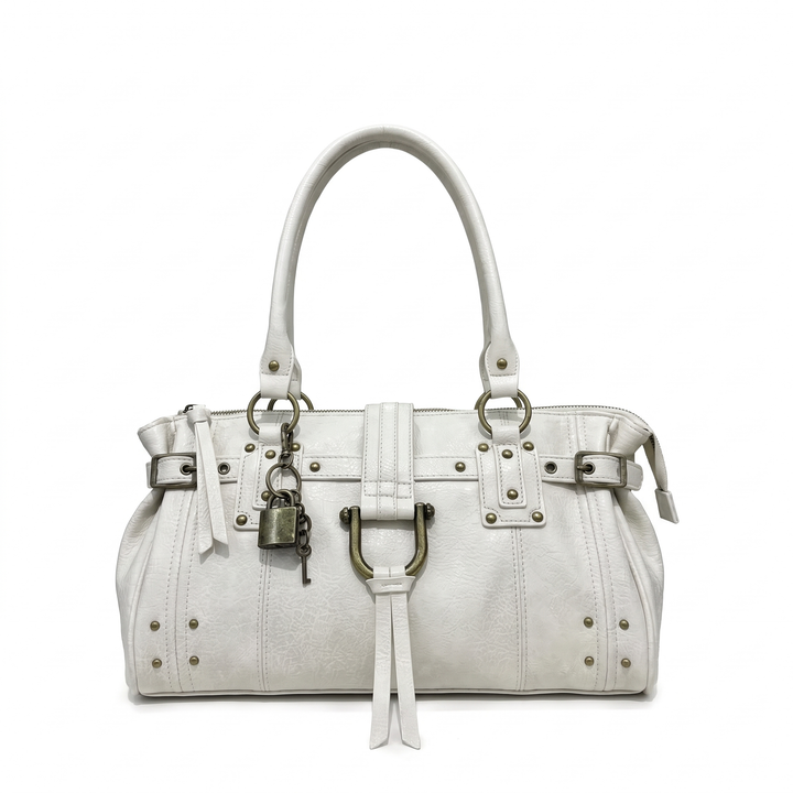 Women's Faux Leather Padlock Bowling Bag, Black Y2K Belted Handbag — Off-White