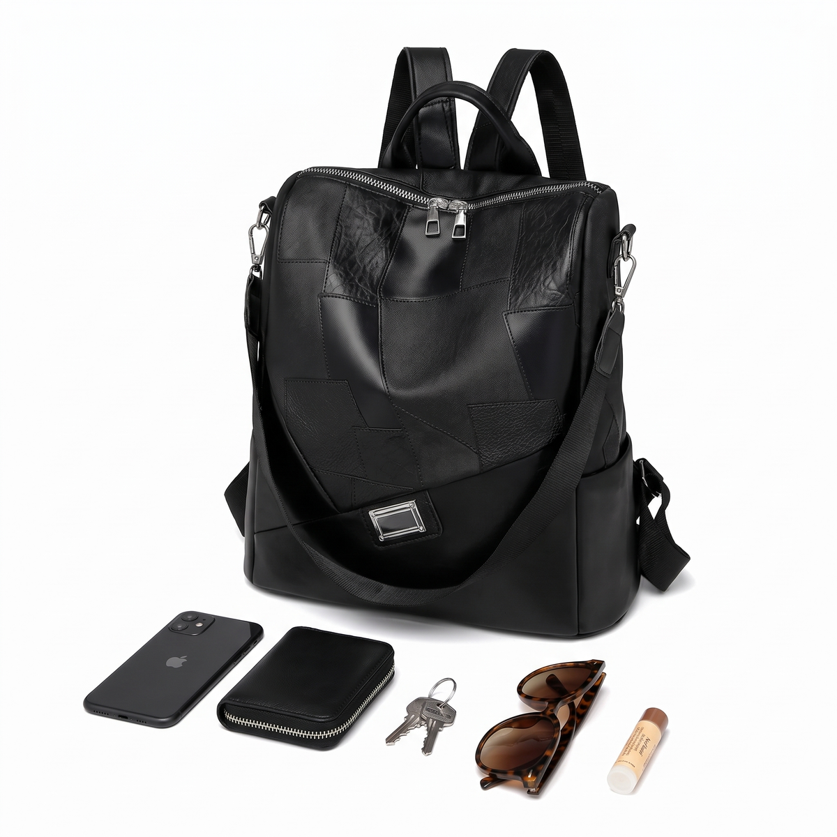 Women's Faux Leather Patchwork Backpack, what fits inside