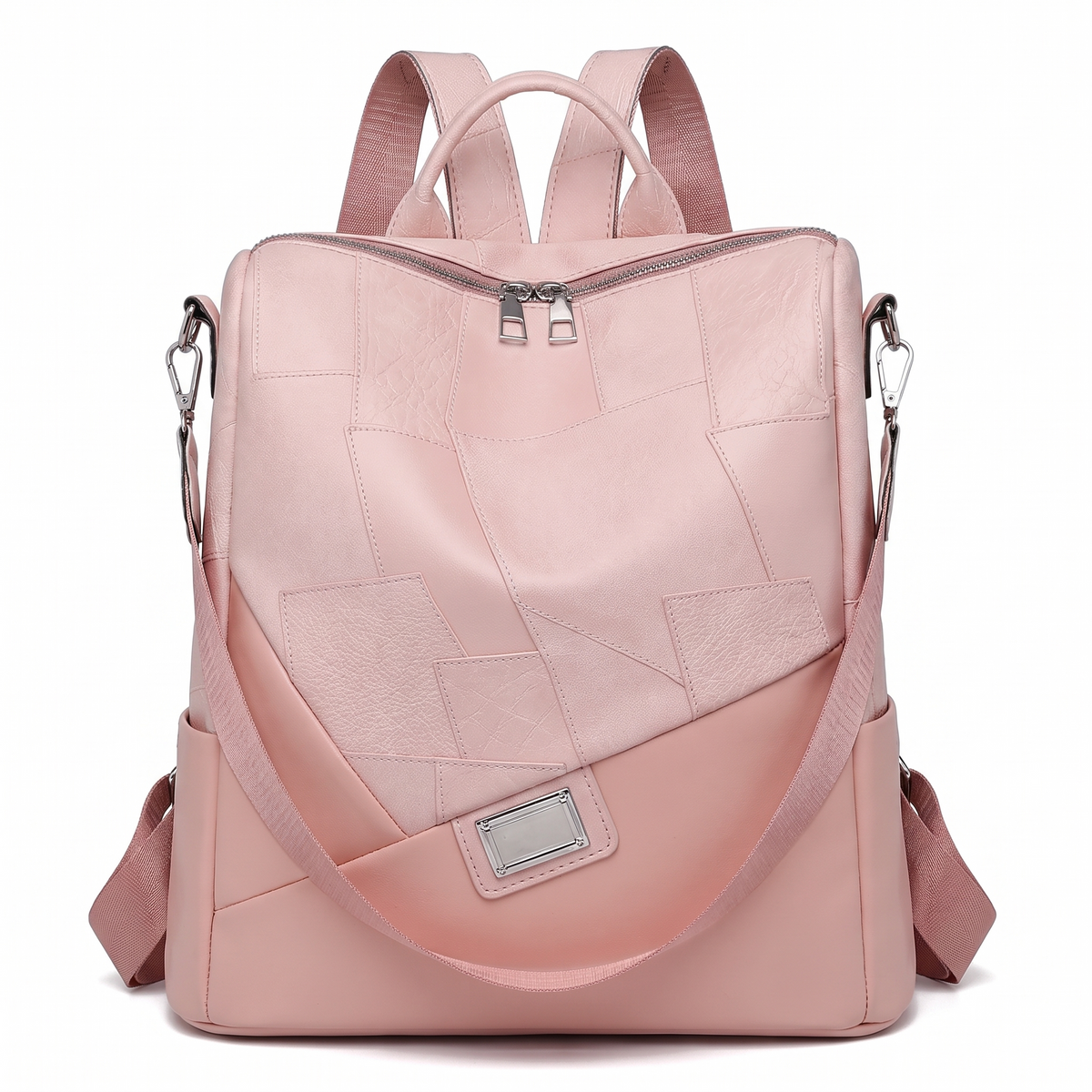 Women's Faux Leather Patchwork Backpack in Blush Pink