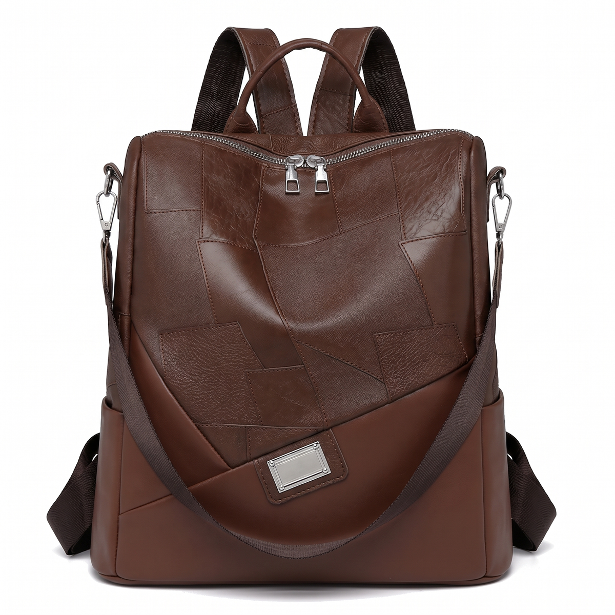 Women's Faux Leather Patchwork Backpack in Chestnut Brown